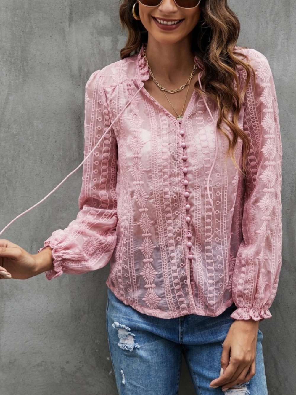 Floral Embroidered Blouse L Blush Pink Rouleau Button-up Shirt Tie Neck Ruffle
